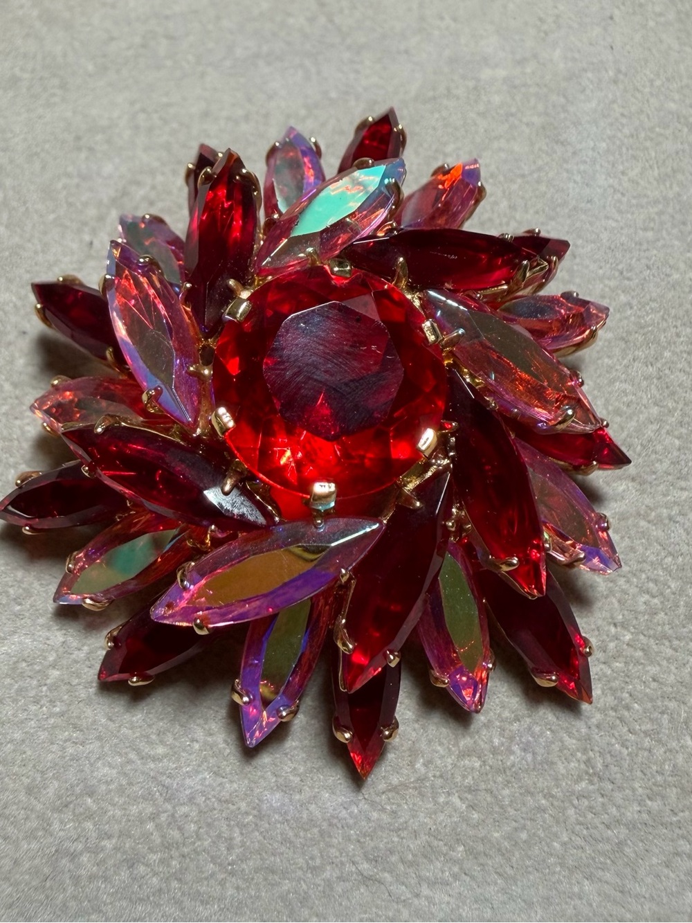 Vintage 1960s Ruby Red & Aurora Borealis Layered Rhinestone Flower Brooch Pin